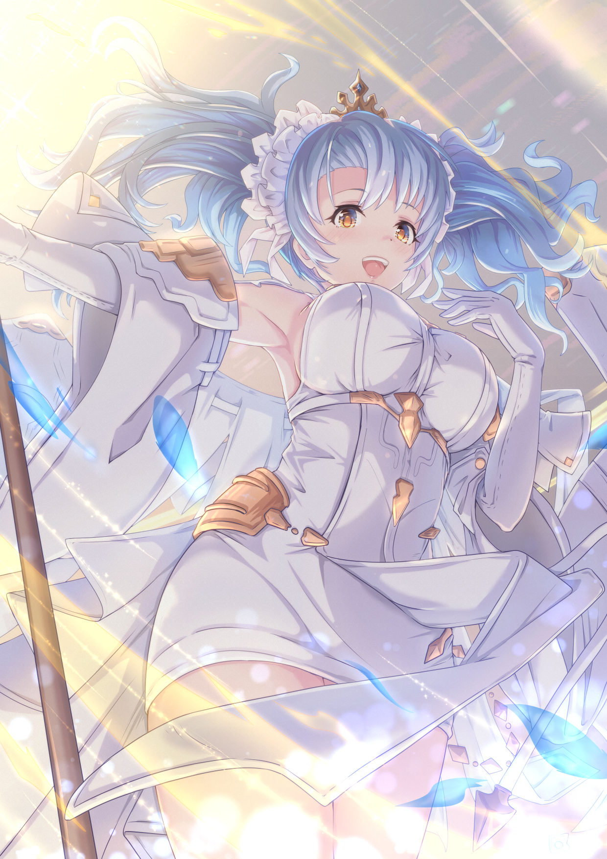 1girl armpits blue_hair breasts dress elbow_gloves gloves granblue_fantasy highres keepvalley large_breasts long_hair open_mouth solo sophia_(granblue_fantasy) staff twintails yellow_eyes