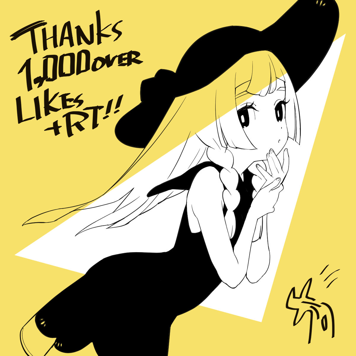 1girl bangs bare_arms blunt_bangs braid bright_pupils dress eyelashes from_side hands_up hat highres kinocopro lillie_(pokemon) long_hair looking_at_viewer looking_to_the_side milestone_celebration pokemon pokemon_(game) pokemon_sm sleeveless sleeveless_dress solo thank_you twin_braids yellow_background