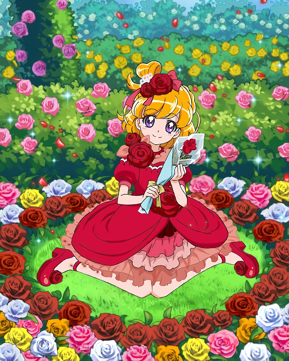 1girl asahina_mirai blonde_hair dress flower full_body highres layered_dress mahou_girls_precure! medium_hair official_art one_side_up precure precure_connection_puzzlun puffy_short_sleeves puffy_sleeves red_dress red_flower red_footwear red_rose rose short_sleeves sitting smile solo violet_eyes wariza