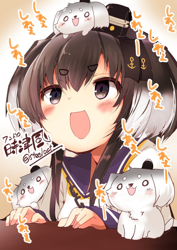 3others dog dress gradient_hair hat headgear kantai_collection mini_hat multicolored_hair multiple_others nijou_katame sailor_dress shirt short_eyebrows short_hair_with_long_locks smokestack thick_eyebrows tied_shirt tokitsukaze_(kancolle) twitter_username