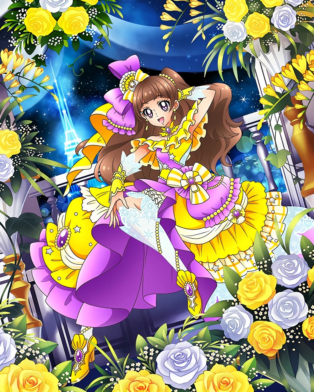 1girl amanogawa_kirara bangs blunt_bangs brown_hair dress earrings flower gem go!_princess_precure highres jewelry long_hair multicolored_clothes multicolored_dress official_art open_mouth precure precure_connection_puzzlun rose smile solo third-party_source violet_eyes white_flower white_rose yellow_flower yellow_footwear yellow_rose