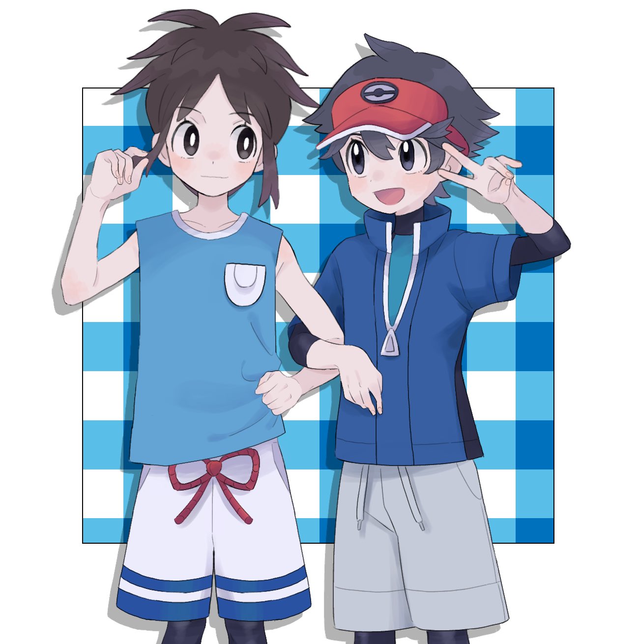 2boys :d bangs bare_arms blue_jacket blue_shirt blush bodysuit bodysuit_under_clothes bright_pupils brown_hair closed_mouth commentary_request cosplay costume_switch elio_(pokemon) elio_(pokemon)_(cosplay) eyelashes grey_shorts hand_up highres jacket leggings locked_arms male_focus multiple_boys nate_(pokemon) nate_(pokemon)_(cosplay) open_mouth parted_bangs pokemon pokemon_(game) pokemon_bw2 pokemon_usum red_headwear sana_(37pisana) shirt short_hair short_sleeves shorts sleeveless sleeveless_shirt smile v visor_cap white_pupils white_shorts zipper_pull_tab