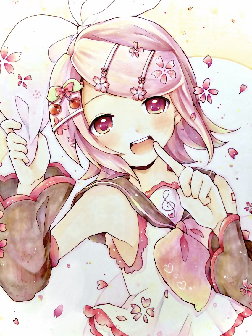 1girl :d alternate_color alternate_hair_color bare_shoulders bow cherry_blossoms cherry_hair_ornament crop_top detached_sleeves falling_petals flower food-themed_hair_ornament frilled_shirt frills hair_bow hair_ornament hairclip kagamine_rin looking_at_viewer neckerchief open_mouth petals pink_eyes pink_flower pink_hair pink_neckerchief pink_theme sailor_collar sakura_rin shirt shorts sleeveless sleeveless_shirt smile solo treble_clef vocaloid white_bow yuirinex