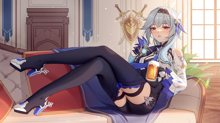 1girl alcohol bangs beer beer_mug blue_hair blush couch cup daidai_(318706698) eula_(genshin_impact) eyebrows_hidden_by_hair genshin_impact glass hair_between_eyes hairband high_heels holding holding_cup long_hair looking_at_viewer mug open_mouth shield sitting solo sunlight sword violet_eyes weapon window