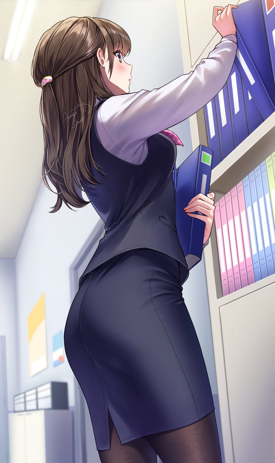1girl amagi_shino artist_name blush brown_hair commentary_request eyelashes highres long_hair long_sleeves office office_lady original pantyhose receptionist_girl_(amagi_shino) signature solo standing violet_eyes working