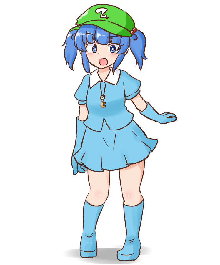 1girl :d bangs blue_eyes blue_footwear blue_gloves blue_hair blue_shirt blunt_bangs boots bright_pupils full_body gloves green_headwear hair_bobbles hair_ornament happy hat kawashiro_nitori key mizusoba open_mouth pigeon-toed rubber_boots shirt simple_background skirt smile solo standing touhou twintails white_background white_pupils wing_collar