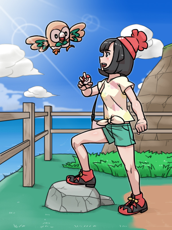 1girl :d bag beanie black_hair blush clouds commentary_request day fence from_side grass green_shorts habatakuhituji hand_up handbag hat holding holding_poke_ball looking_up open_mouth outdoors poke_ball poke_ball_(basic) pokemon pokemon_(creature) pokemon_(game) pokemon_sm red_headwear rock rowlet selene_(pokemon) shirt shoes short_hair short_sleeves shorts sky smile standing t-shirt tied_shirt yellow_shirt