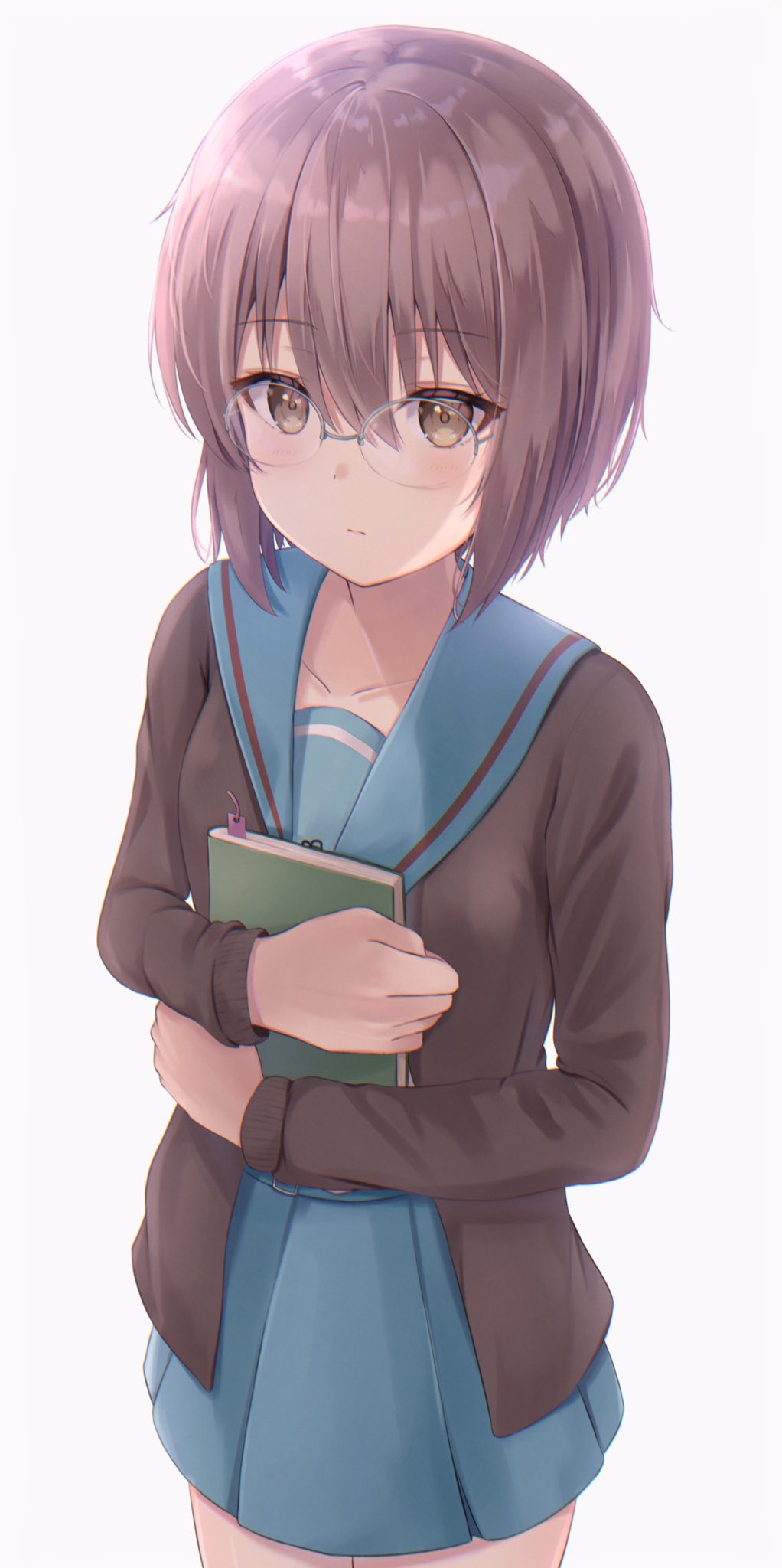 1girl bad_id bad_twitter_id bangs blue_sailor_collar blue_skirt blush book book_hug bookmark brown_cardigan brown_eyes cardigan closed_mouth collarbone commentary_request cowboy_shot glasses highres holding holding_book kita_high_school_uniform long_sleeves nagato_yuki object_hug open_cardigan open_clothes purple_hair red_ribbon ribbon sailor_collar school_uniform serafuku short_hair skirt solo standing suzumiya_haruhi_no_yuuutsu umineco_1 winter_uniform