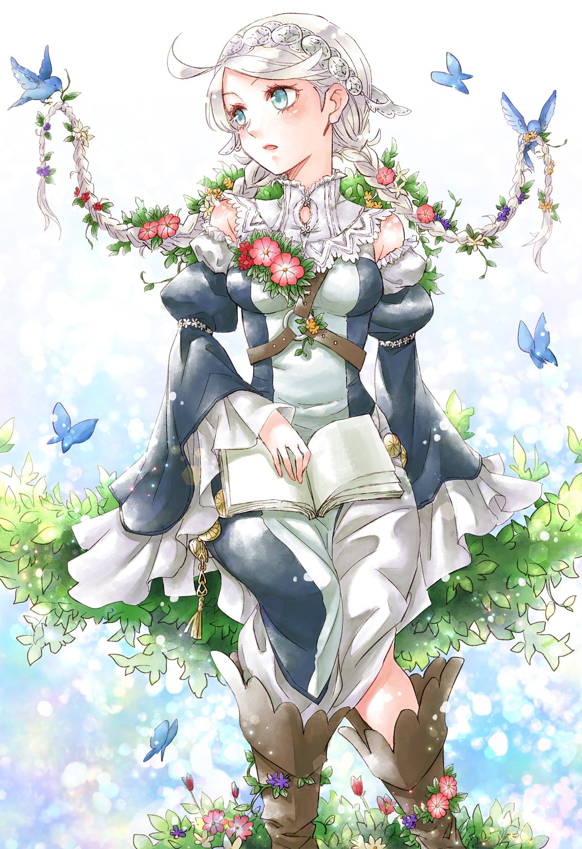 1girl ahoge alternate_costume bangs bare_shoulders bird blue_bird blue_butterfly blue_eyes book_on_lap boots braid bug butterfly buttons chest_harness ebi_puri_(ebi-ebi) fire_emblem fire_emblem_fates flower hair_flower hair_ornament hairband harness highres leather leather_boots long_hair looking_to_the_side low_twin_braids nina_(fire_emblem) o-ring open_mouth parted_bangs solo turtleneck twin_braids twintails white_hair white_hairband