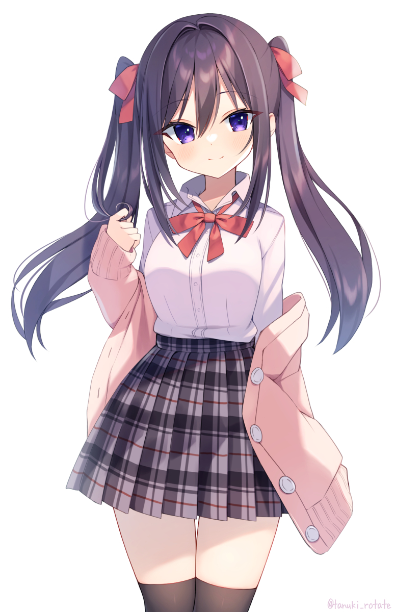 1girl arm_at_side bangs black_hair black_thighhighs blush bow bowtie buttons cardigan collared_shirt cowboy_shot dress_shirt eyes_visible_through_hair hair_between_eyes hair_intakes hair_ribbon hair_twirling hand_up head_tilt highres legs_together long_hair long_sleeves looking_at_viewer off_shoulder original over-kneehighs pink_cardigan plaid plaid_skirt pleated_skirt red_bow red_bowtie red_ribbon ribbon school_uniform shirai_tanuki shirt shirt_tucked_in sidelocks simple_background skirt sleeves_past_wrists smile solo standing thigh-highs twintails twitter_username violet_eyes white_background white_shirt wing_collar zettai_ryouiki