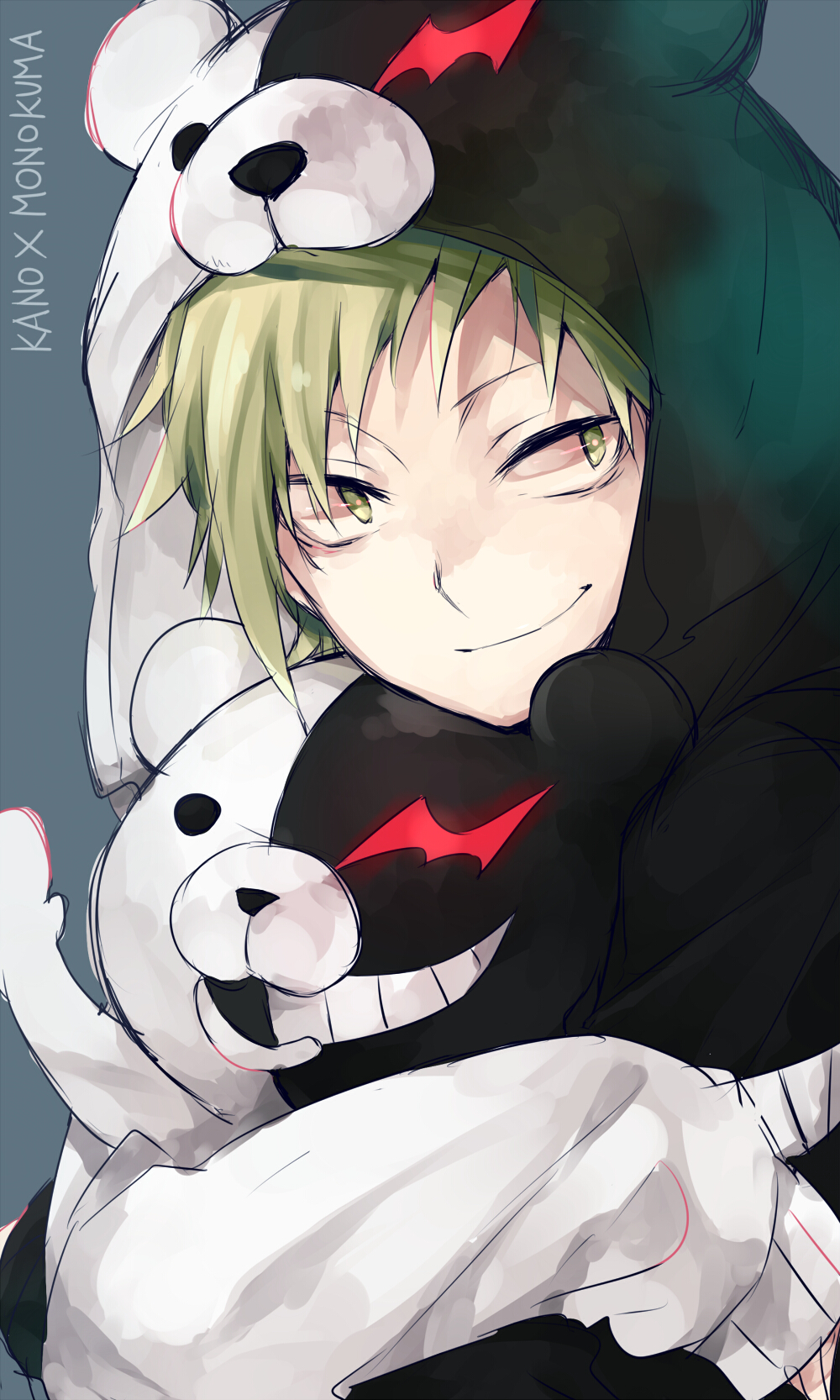 1boy animal_hood asuna_(doruru-mon) bad_id bad_pixiv_id bangs black_eyes black_hoodie blonde_hair character_hood character_name commentary cosplay danganronpa_(series) evil_grin evil_smile grey_background grin highres holding holding_stuffed_toy hood hoodie kagerou_project kano_shuuya long_sleeves looking_to_the_side male_focus mekakucity_actors monokuma monokuma_(cosplay) object_hug open_mouth romaji_text short_hair simple_background sleeves_past_wrists smile solid_eyes solo stuffed_animal stuffed_toy teddy_bear teeth two-tone_hoodie upper_body yellow_eyes