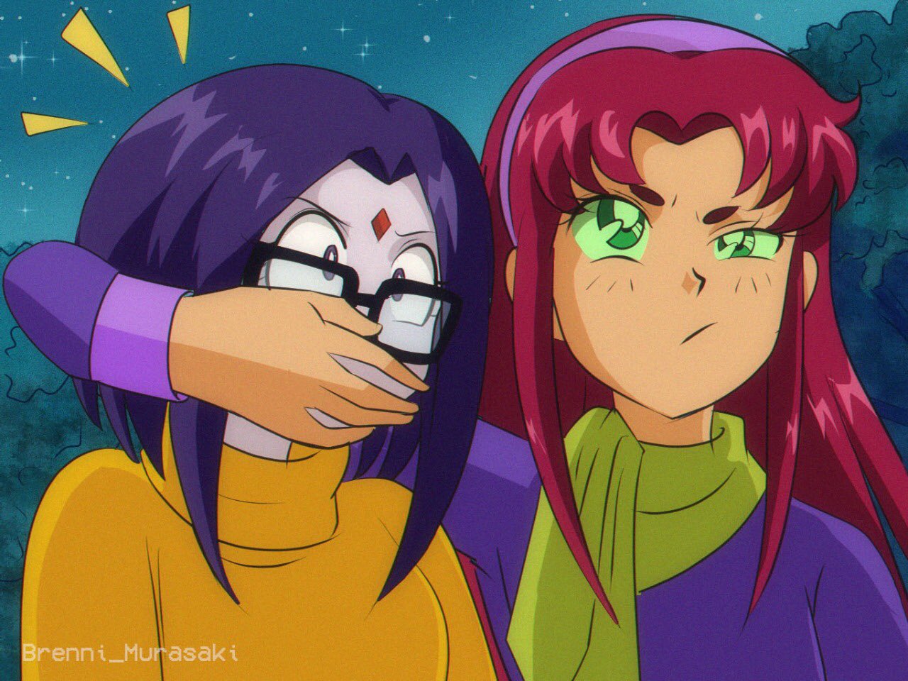 1990s_(style) 2girls animification brenni_murasaki clip_studio_paint_(medium) closed_mouth colored_sclera cosplay covering_another's_mouth daphne_ann_blake daphne_ann_blake_(cosplay) dc_comics forest glasses green_eyes green_scarf green_sclera hairband multiple_girls nature night night_sky outdoors purple_hair purple_hairband raven_(dc) redhead retro_artstyle scarf scooby-doo sky star_(sky) starfire starry_sky sweater teen_titans uneven_eyes upper_body velma_dace_dinkley velma_dace_dinkley_(cosplay) yellow_sweater