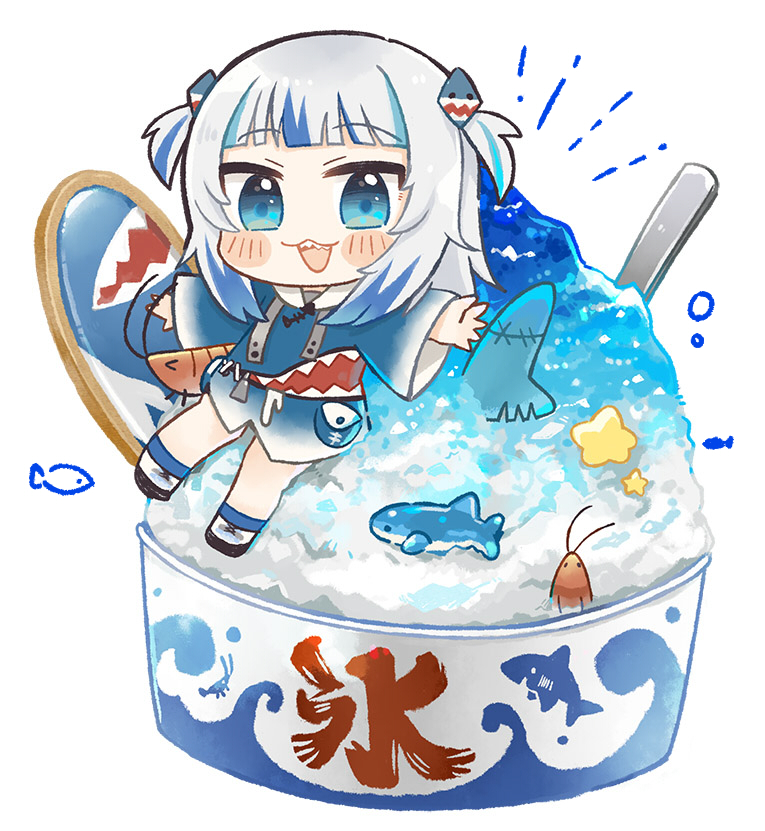 1girl :3 :d animal_hood bangs blue_eyes blue_hair blunt_bangs blush_stickers chibi commentary ebi-chan_(gawr_gura) fish_tail food gawr_gura hair_ornament hololive hololive_english hood in_food looking_at_viewer multicolored_hair open_mouth same_anko shark_girl shark_hair_ornament shark_hood shark_tail sharp_teeth shaved_ice simple_background smile solo streaked_hair tail teeth two_side_up virtual_youtuber white_background white_hair wide_sleeves