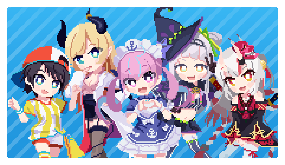 5girls black_hair blonde_hair blue_background blue_eyes holocure hololive looking_at_viewer minato_aqua multiple_girls murasaki_shion nakiri_ayame oozora_subaru potato7192 purple_hair red_eyes smile violet_eyes virtual_youtuber white_hair yellow_eyes yuzuki_choco