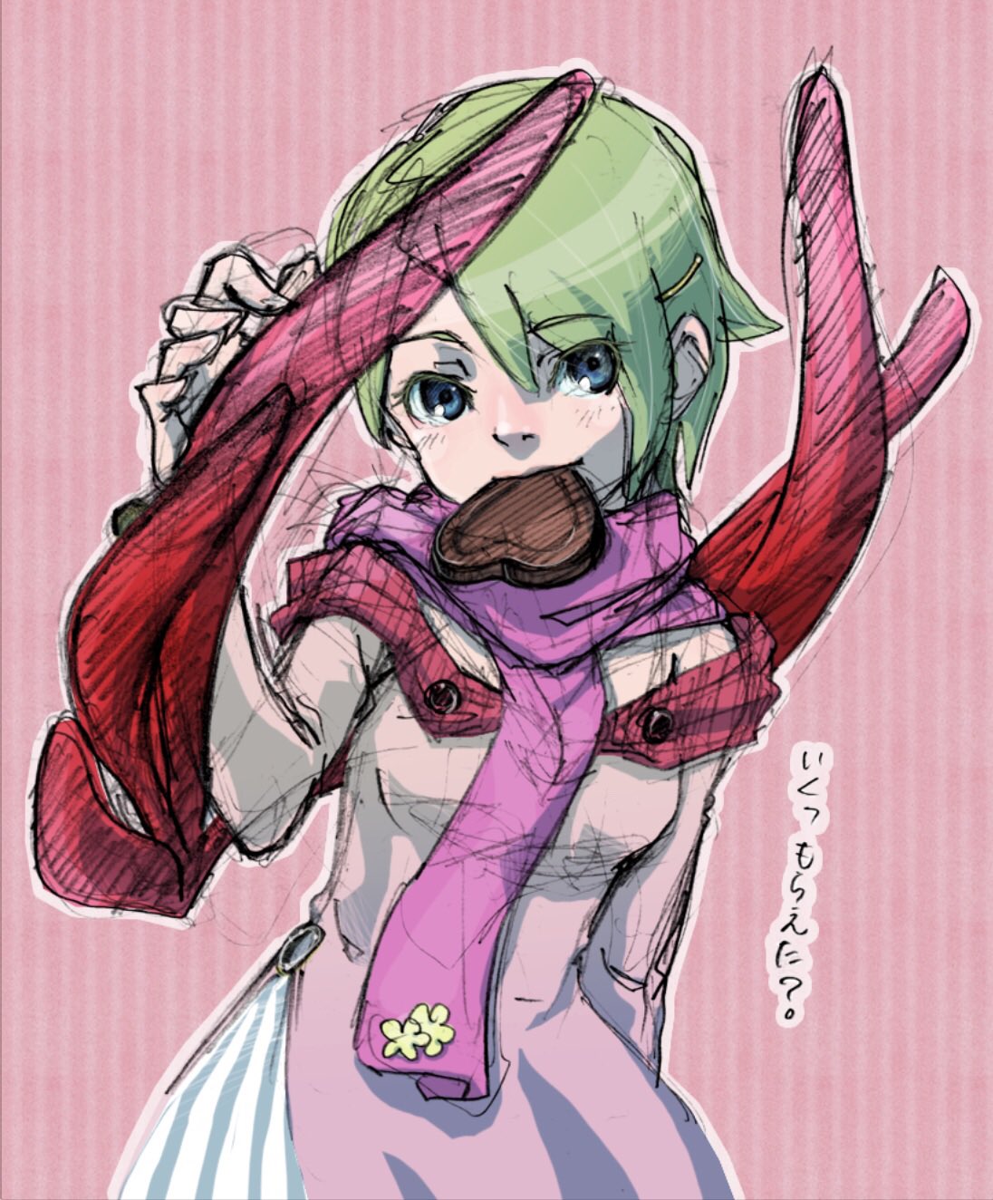 1girl blue_eyes breasts breath_of_fire breath_of_fire_v candy chocolate dress food green_hair hair_ornament hairclip heart heart-shaped_chocolate highres looking_at_viewer minagi_gogatsu nina_(breath_of_fire_v) red_wings scarf short_hair smile solo valentine wings
