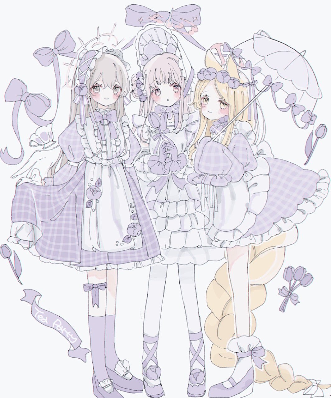 3girls alternate_costume animal_ears bangs blonde_hair blue_archive blush bow bowtie braid closed_mouth dress flower frilled_gloves frills gloves group_name hair_bun halo headdress highres holding holding_umbrella light_brown_hair lolita_fashion long_hair looking_at_viewer mika_(blue_archive) moimoiyuyu multiple_girls nagisa_(blue_archive) parted_bangs pink_eyes pink_hair plaid plaid_dress ribbon seia_(blue_archive) simple_background single_side_bun sleeves_past_fingers sleeves_past_wrists sweet_lolita tulip umbrella very_long_hair white_background yellow_eyes