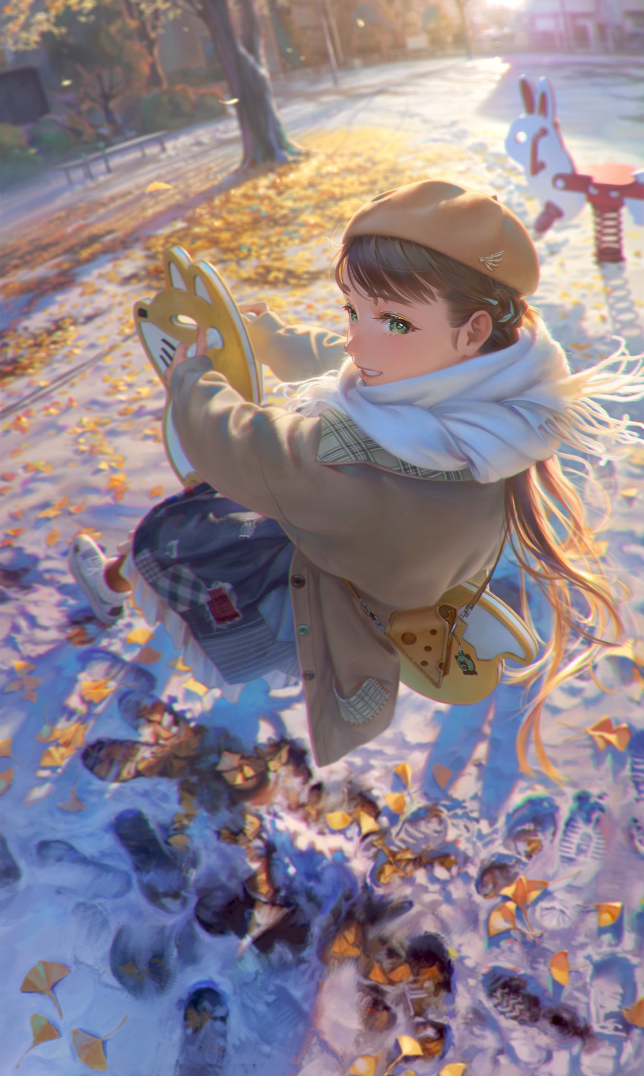 1girl bag bangs bench blurry blurry_background braid brown_coat brown_hair brown_headwear coat french_braid from_above green_eyes grin handbag highres leaf long_hair looking_to_the_side love_live! love_live!_superstar!! namako_mikan outdoors park park_bench playground sakurakouji_kinako scarf scenery skirt smile snow snow_print solo tree white_footwear white_scarf winter_clothes