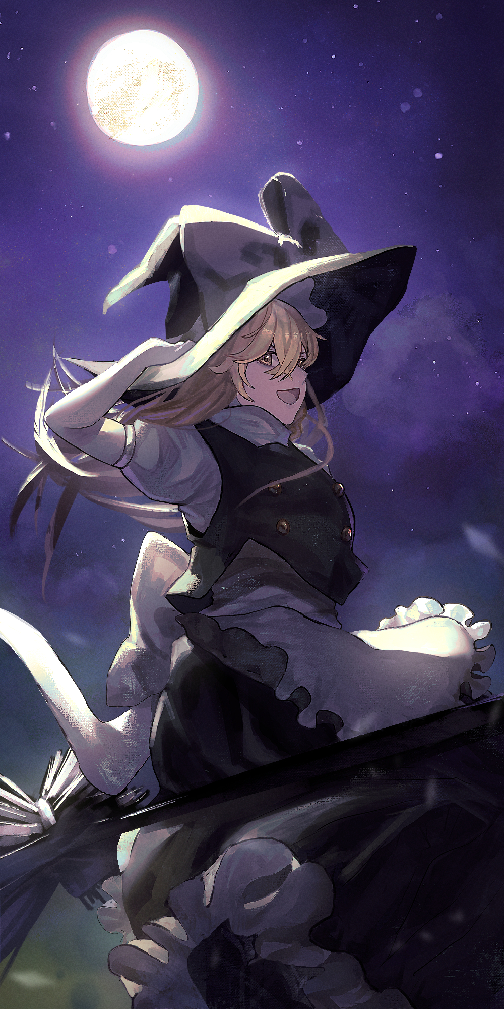 1girl :d apron back_bow black_headwear black_skirt black_vest blonde_hair bow broom broom_riding commentary floating_hair frilled_skirt frills from_side full_body full_moon hair_between_eyes hand_on_headwear hand_up hat hat_bow highres kirisame_marisa long_hair looking_at_viewer moon night night_sky open_mouth sideways_glance skirt skirt_set sky smile solo star_(sky) starry_sky tomaton_(t_0) touhou vest waist_apron white_apron white_bow witch_hat yellow_eyes