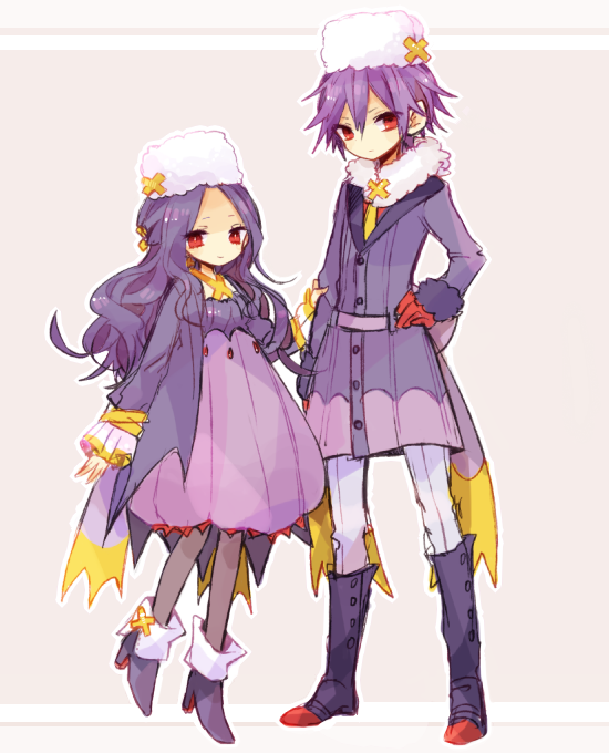 1boy 1girl ao_(blue_bunny) dress drifblim fur_hat gloves hand_on_hip hat high_heels jacket light_frown light_smile long_hair long_sleeves necktie no_nose pants pantyhose personification pokemon purple_dress purple_footwear purple_jacket red_eyes red_gloves short_hair ushanka white_headwear white_pants yellow_necktie