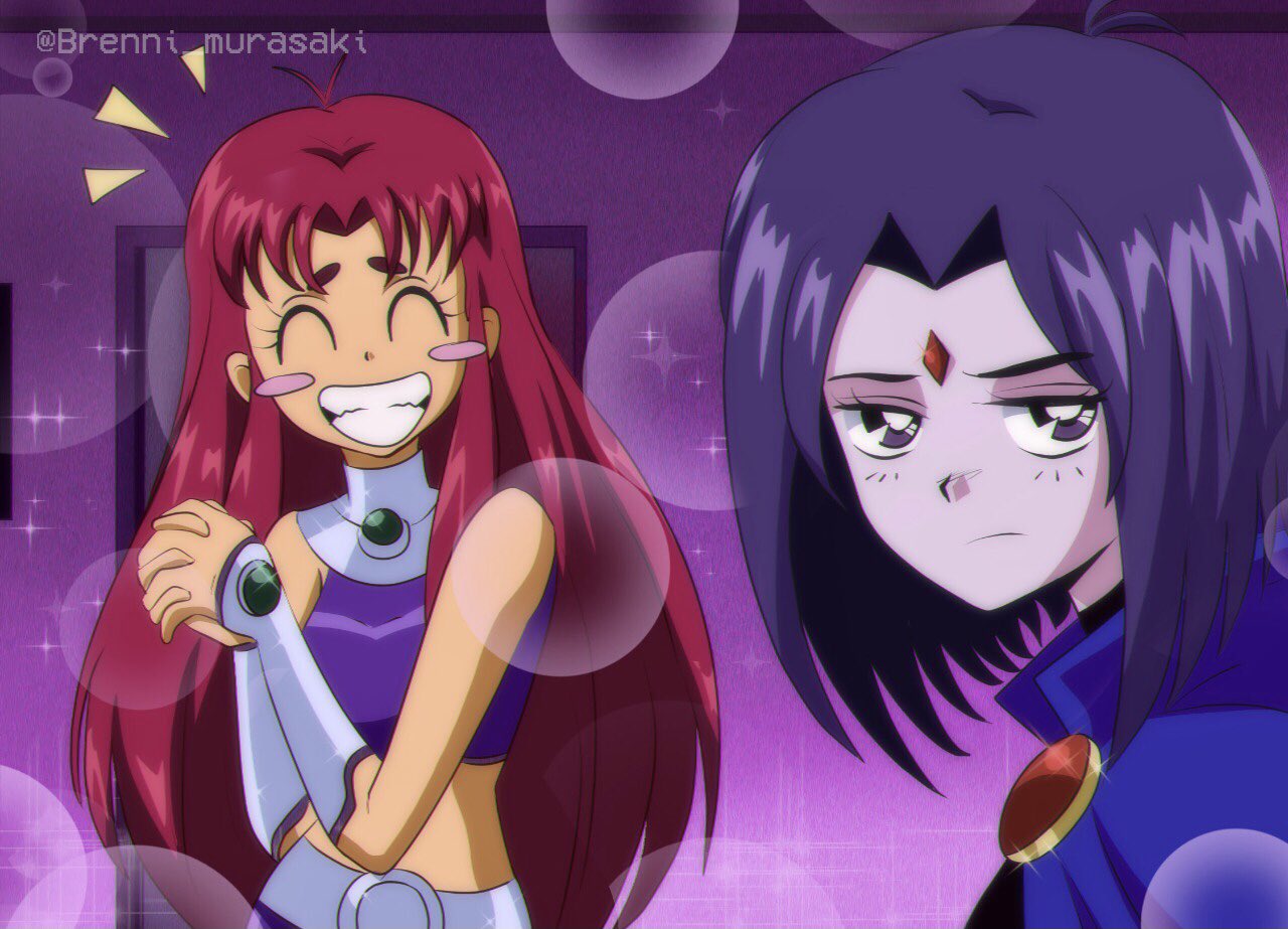 1990s_(style) 2girls animification bare_shoulders blue_cape blush_stickers brenni_murasaki cape closed_eyes dc_comics derivative_work forehead_jewel grin indoors long_hair medium_hair midriff multiple_girls pale_skin purple_hair raven_(dc) redhead retro_artstyle screencap_redraw smile standing starfire teen_titans twitter_username