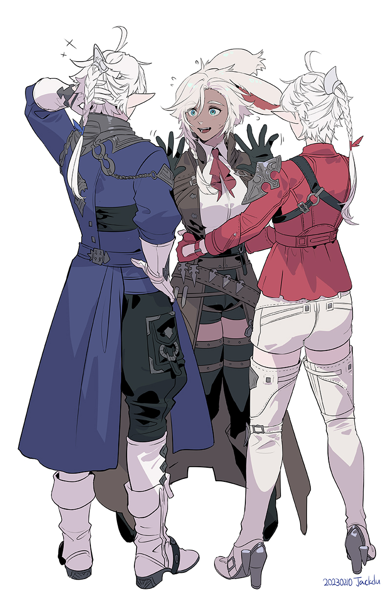 1boy 2girls aged_up ahoge alisaie_leveilleur alphinaud_leveilleur animal_ears avatar_(ff14) bangs blue_eyes boots byuub dark-skinned_female dark_skin elezen elf final_fantasy final_fantasy_xiv fingerless_gloves gloves hands_on_another's_waist high_heel_boots high_heels highres long_coat long_hair multiple_girls open_mouth pointy_ears rabbit_ears red_gloves shorts thigh_boots viera white_background white_gloves white_hair