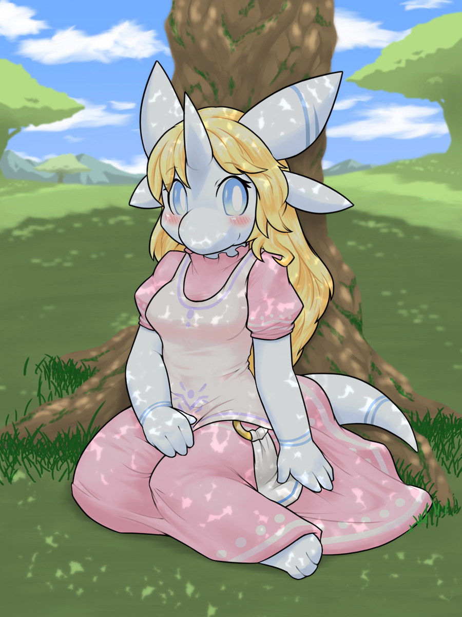 1girl animal_ears animal_feet barefoot blonde_hair blue_eyes blue_sky blush borrowed_character breasts bright_pupils closed_mouth clouds colored_skin commentary_request dappled_sunlight day dragon_girl dress full_body furry furry_female grass highres horns kame_(3t) long_dress long_hair looking_at_viewer medium_breasts original outdoors partial_commentary pink_dress puffy_short_sleeves puffy_sleeves shirt short_sleeves single_horn sitting sky sleeveless sleeveless_shirt snout solo split_mouth sunlight tail tree under_tree white_pupils white_shirt white_skin yokozuwari
