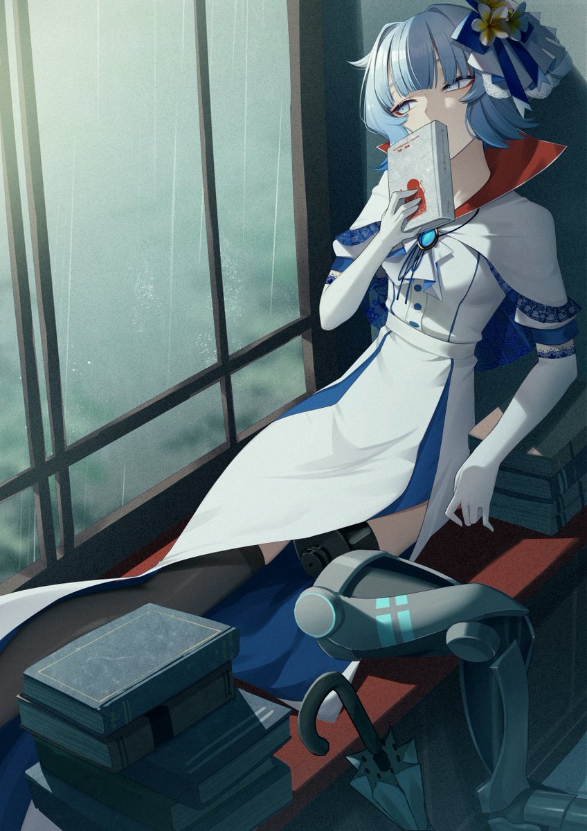 1girl amputee bangs blue_hair book capelet cluseller dress elbow_gloves gloves grey_eyes hair_ornament highres looking_to_the_side original prosthesis prosthetic_leg rain short_hair sitting solo vampire white_gloves window