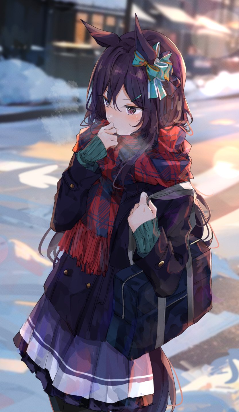 1girl animal_ears bag blurry blurry_background blush breath brown_hair buttons closed_mouth coat double-breasted green_sweater hair_ornament hairclip hand_up highres horse_ears horse_girl horse_tail lens_flare long_hair long_sleeves mejiro_dober_(umamusume) ninjin_nouka outdoors purple_skirt scarf school_bag skirt sleeves_past_fingers sleeves_past_wrists snow solo standing sweater tail umamusume violet_eyes