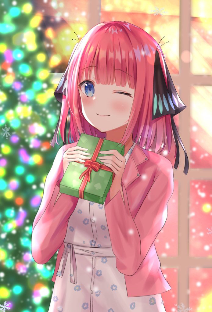 1girl bangs black_ribbon blue_eyes blunt_bangs blurry blurry_background blush butterfly_hair_ornament christmas christmas_present christmas_tree closed_mouth commentary dress floral_print gift go-toubun_no_hanayome hair_ornament hair_ribbon hands_up holding holding_gift jacket medium_hair nakano_nino one_eye_closed open_clothes open_jacket pink_hair pink_jacket red_ribbon ribbon sidelocks smile snowflakes snowing solo umineco_1 upper_body white_dress window