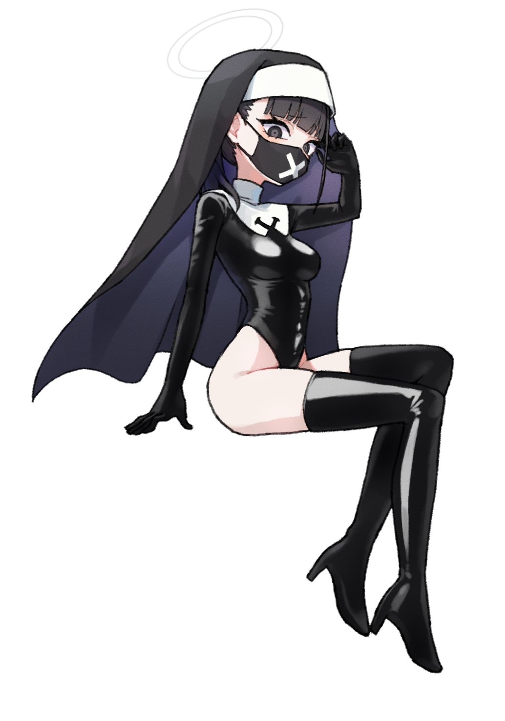 1girl alternate_costume black_footwear black_gloves black_hair black_headwear black_leotard blue_archive boots chuo8008 extra full_body gloves grey_eyes halo highleg highleg_leotard highres justina_follower_(blue_archive) leotard long_sleeves mask mouth_mask nun sukeban_(smg)_(blue_archive) thigh_boots white_background