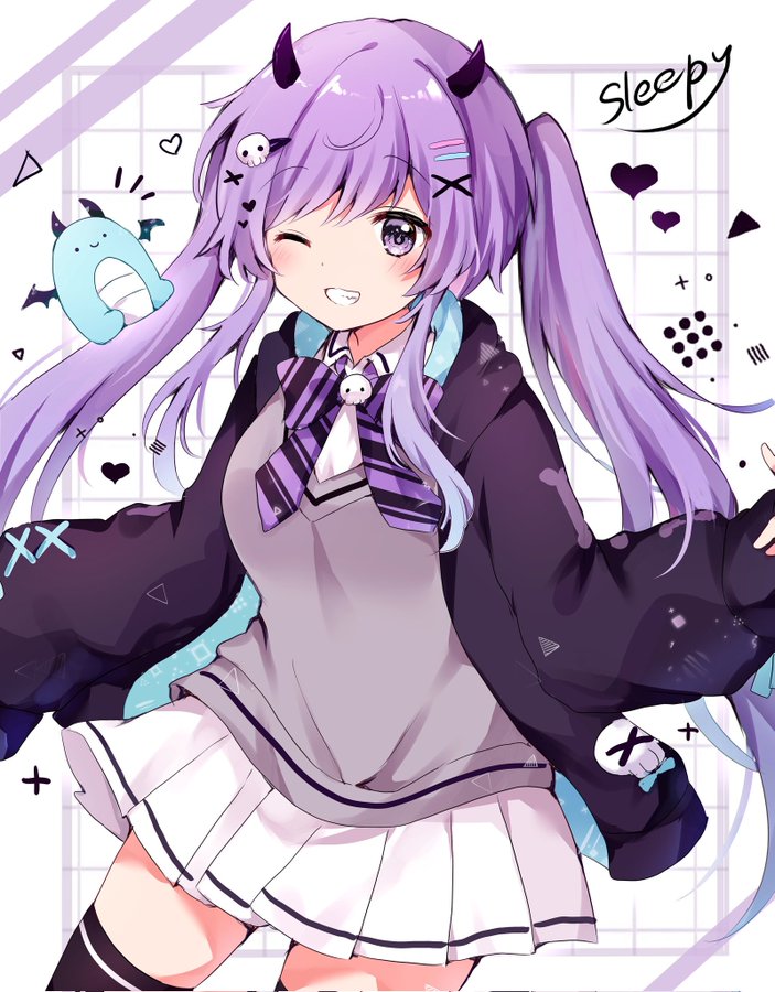 1girl bangs blush borrowed_character bow bowtie brooch collared_shirt dragon_girl dragon_horns fang grin hair_ornament hairclip heart heart_hair_ornament hood hoodie horns jewelry kokoshira_0510 long_hair long_sleeves one_eye_closed original pleated_skirt purple_hair school_uniform shirt sidelocks skirt skull_brooch skull_hair_ornament sleeves_past_wrists smile solo striped striped_bow striped_bowtie stuffed_animal stuffed_dragon stuffed_toy sweater thigh-highs twintails very_long_hair violet_eyes x_hair_ornament