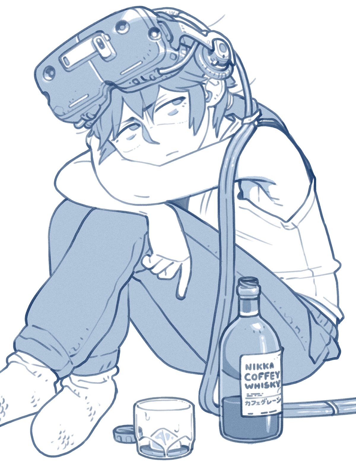 1girl alcohol bottle cameron_sewell closed_mouth coffee cup drinking_glass frown full_body greyscale head-mounted_display highres ice long_hair monochrome original pants ponytail simple_background sitting socks solo tank_top whiskey white_background wire