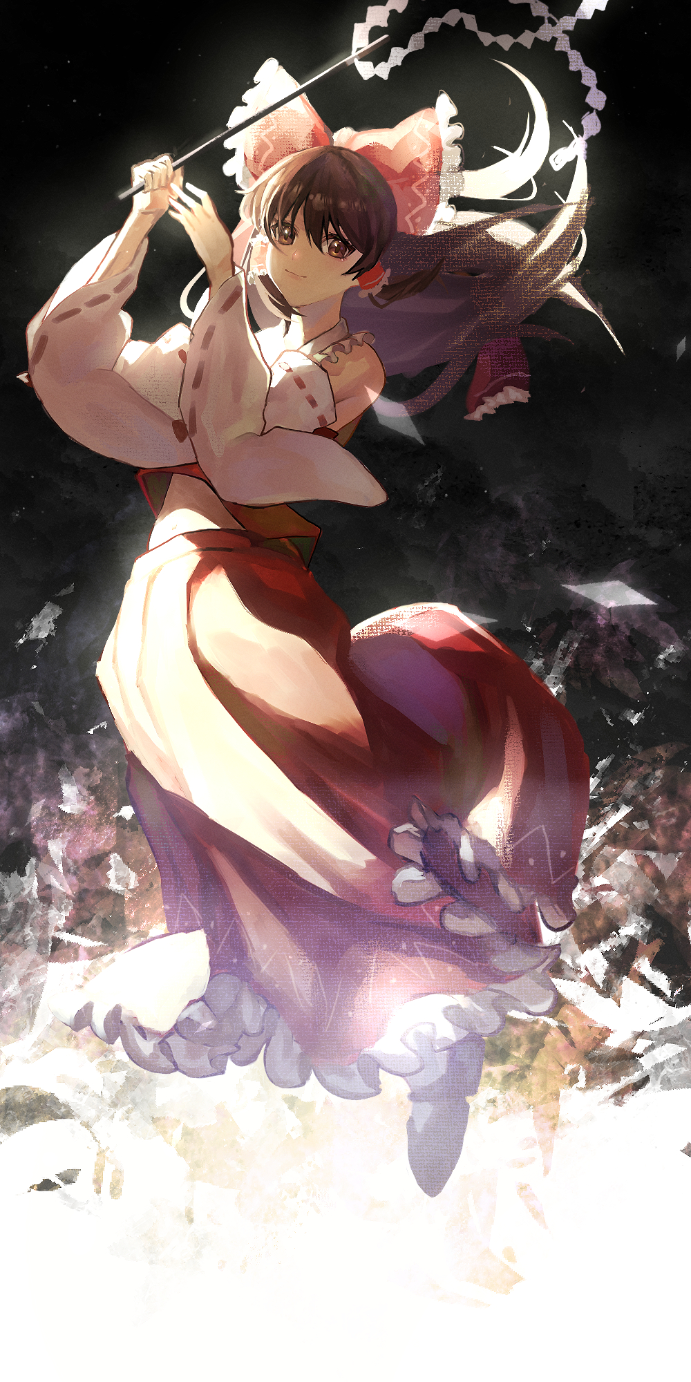 1girl bare_shoulders bow brown_eyes brown_hair closed_mouth commentary frilled_bow frilled_hair_tubes frilled_skirt frills full_body gohei hair_between_eyes hair_bow hair_tubes hakurei_reimu hands_up highres holding holding_gohei long_hair long_skirt looking_at_viewer red_bow red_skirt red_vest ribbon-trimmed_sleeves ribbon_trim skirt skirt_set smile solo tomaton_(t_0) touhou vest white_sleeves wide_sleeves