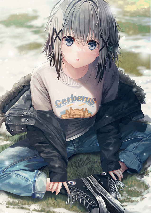 1girl ai_(re:lief) bangs black_footwear black_jacket blue_eyes blue_pants breasts clothes_writing commentary_request commission denim fur-trimmed_jacket fur_trim grey_hair hair_between_eyes hair_ornament jacket jeans kurono_mitsuki long_sleeves looking_at_viewer medium_breasts off_shoulder on_grass open_clothes open_jacket pants parted_lips re:lief_~shin'ai_naru_anata_e~ shirt shoe_soles sitting skeb_commission sleeves_past_wrists solo white_shirt x_hair_ornament