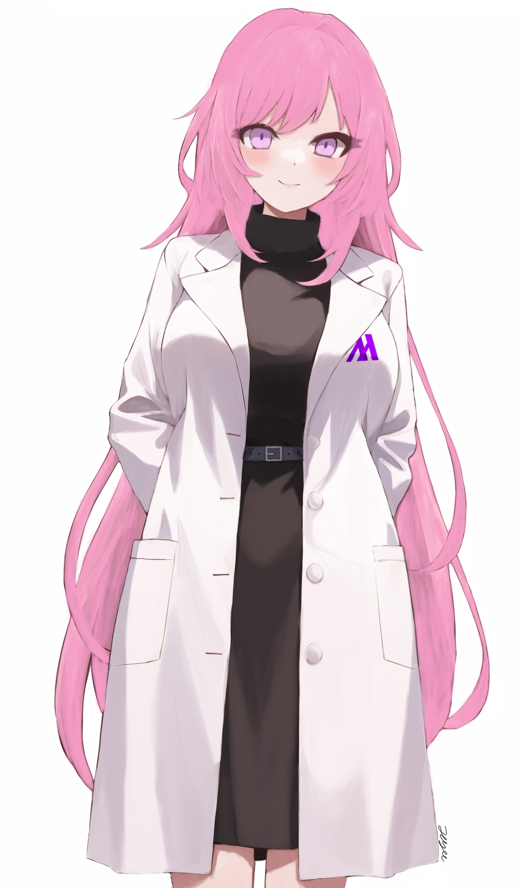 1girl arms_behind_back head_tilt labcoat large_breasts long_sleeves looking_at_viewer pink_eyes pink_hair simple_background skirt smile solo standing sweater very_long_hair white_background