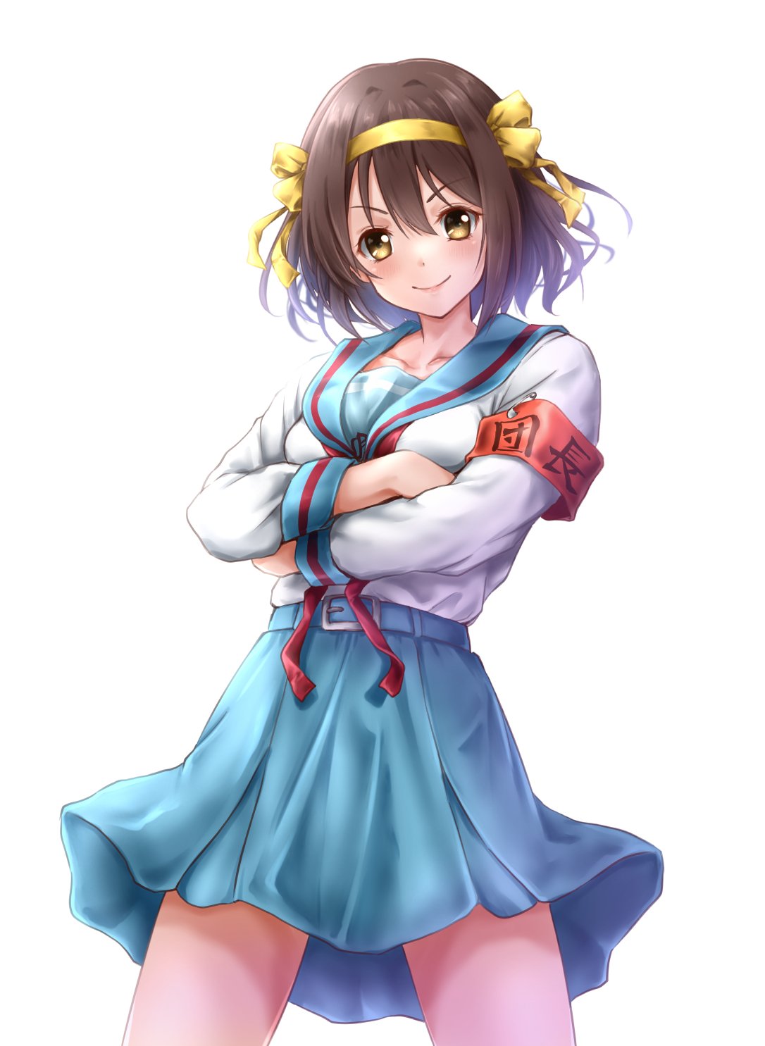 13enter 1girl armband bangs belt blue_belt blue_sailor_collar blue_skirt blush bob_cut brown_eyes brown_hair closed_mouth collarbone commentary_request cowboy_shot crossed_arms hair_ribbon hairband highres kita_high_school_uniform long_sleeves looking_at_viewer medium_hair red_armband red_ribbon ribbon sailor_collar school_uniform serafuku simple_background skirt smile solo standing suzumiya_haruhi suzumiya_haruhi_no_yuuutsu white_background winter_uniform yellow_hairband