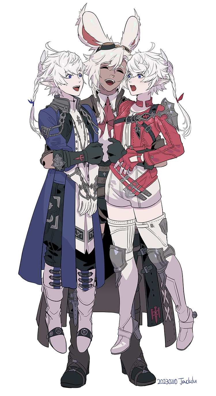 1boy 2girls ahoge alisaie_leveilleur alphinaud_leveilleur animal_ears arm_around_waist avatar_(ff14) bangs blue_eyes boots byuub closed_eyes dark-skinned_female dark_skin elezen elf final_fantasy final_fantasy_xiv fingerless_gloves gloves height_difference highres hug lifting_person long_coat long_hair multiple_girls open_mouth pointy_ears rabbit_ears red_gloves shorts thigh_boots viera white_background white_gloves white_hair