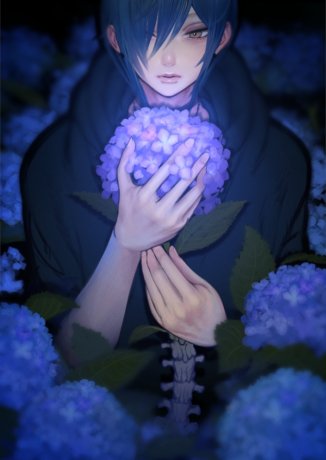 1boy 2n5 androgynous blue_hair flower highres holding holding_flower lilac looking_at_another medium_hair original parted_lips purple_flower wisteria yellow_eyes