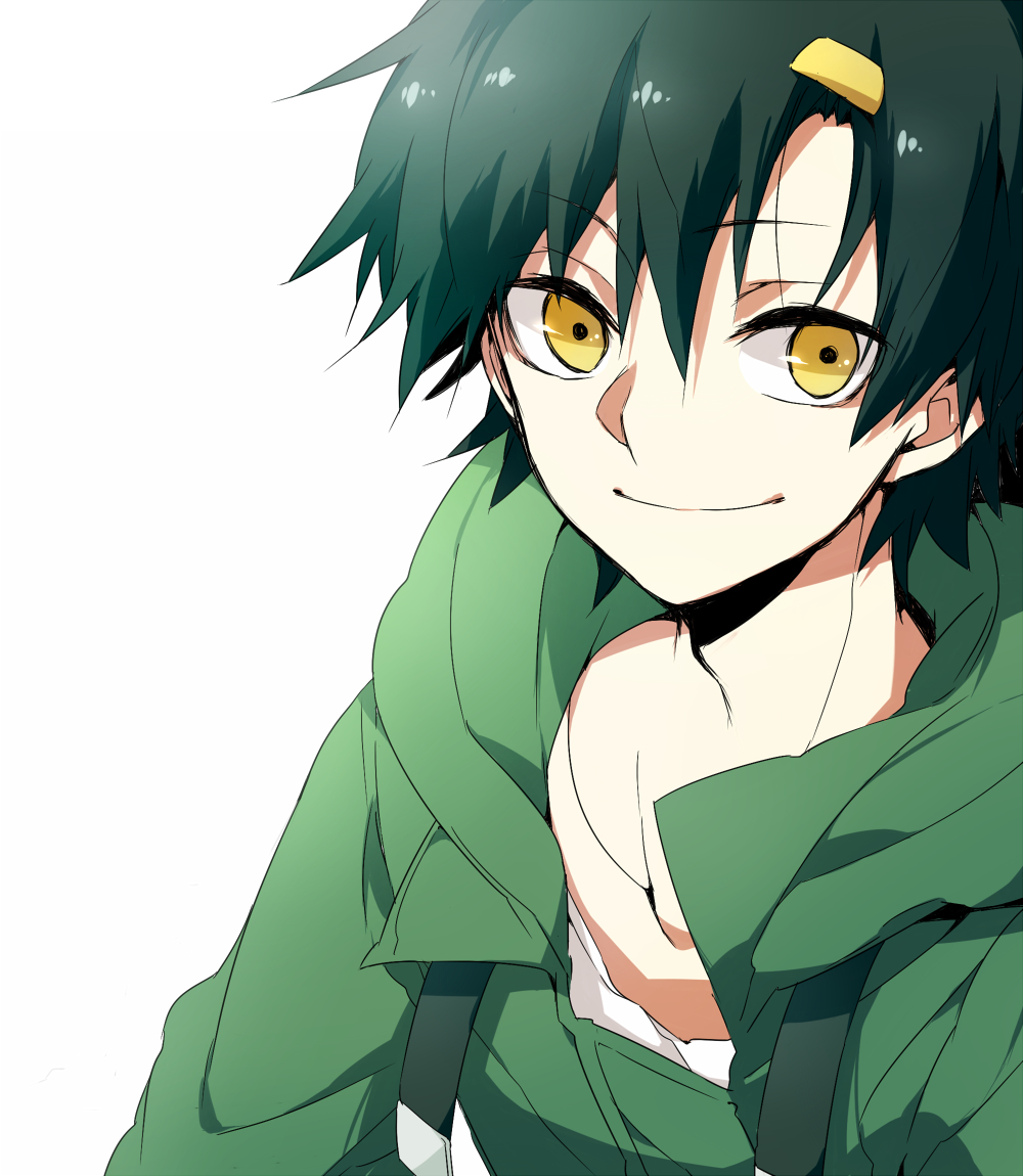 1boy asuna_(doruru-mon) bad_id bad_pixiv_id bangs black_hair closed_mouth collarbone commentary_request green_hoodie hair_between_eyes hair_ornament hairclip hood hood_down hoodie kagerou_project long_bangs looking_at_viewer male_focus mekakucity_actors seto_kousuke shirt short_hair simple_background smile solo upper_body white_background white_shirt yellow_eyes