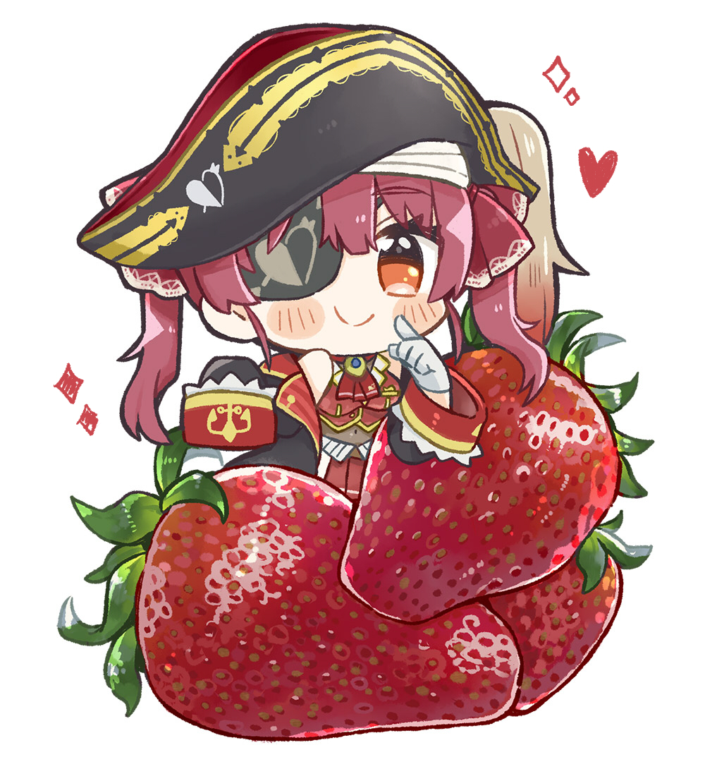 1girl bicorne blush_stickers brown_eyes chibi commentary eyepatch food fruit gloves hat heart heart_eyepatch hololive houshou_marine long_hair long_sleeves looking_at_viewer pirate_hat redhead same_anko simple_background smile solo sparkle strawberry twintails virtual_youtuber white_background white_gloves