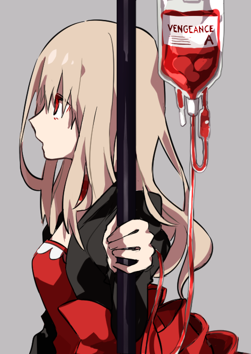 1girl blonde_hair blood blood_bag dress higyaku_no_noel intravenous_drip iv_stand long_hair noel_cerquetti red_dress red_eyes shirone_(shiromame-0111) solo