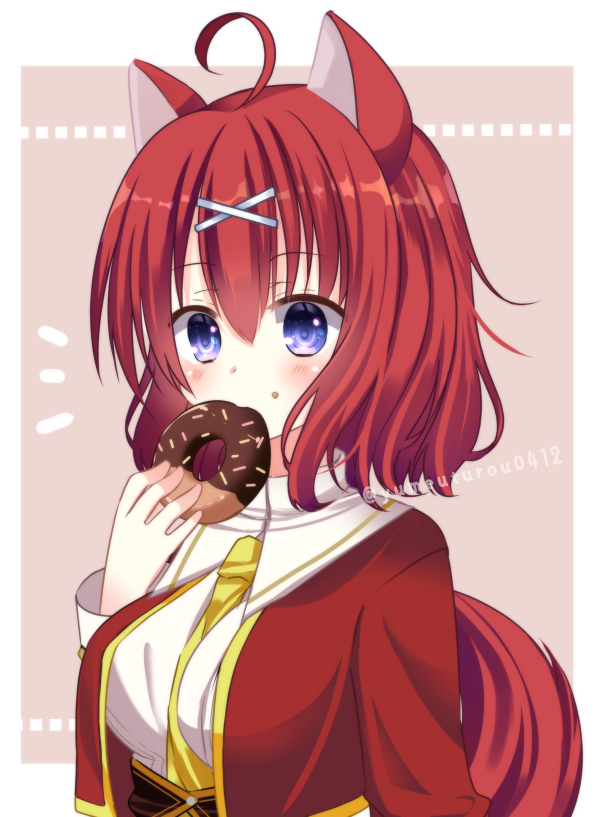 1girl ahoge amairo_islenauts animal_ears bangs between_breasts blue_eyes blush breasts chocolate_doughnut collar commentary commission doughnut food food_in_mouth hair_between_eyes hair_ornament hand_up jacket large_breasts light_brown_background looking_at_viewer masaki_gaillard medium_hair necktie necktie_between_breasts notice_lines red_fur red_jacket redhead ryuua_(pink-moon_8739) school_uniform shirt simple_background solo tail twitter_username upper_body white_collar white_shirt wing_collar wolf_ears wolf_girl wolf_tail x_hair_ornament yellow_necktie yuzu-soft