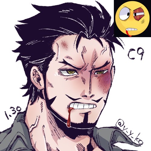 1boy anger_vein beard black_hair blood blood_from_mouth bruise bruised_eye clenched_teeth dracule_mihawk emoji facial_hair frown injury lowres male_focus mustache one_piece portrait reference_inset shirt short_hair solo teeth y_y_ko yellow_eyes