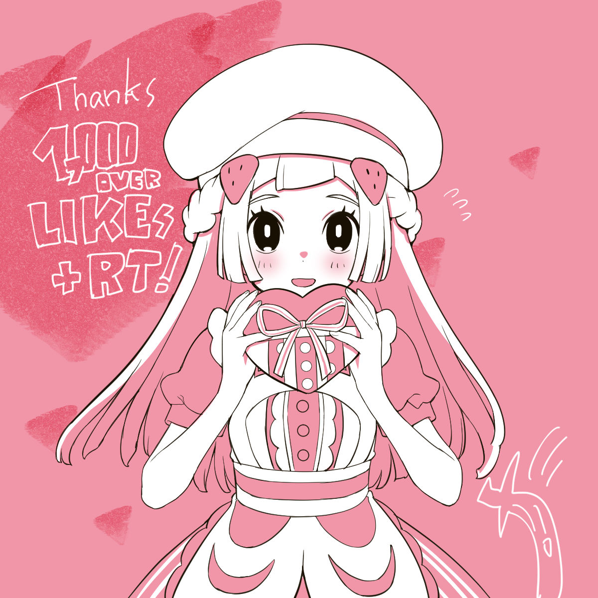 1girl apron bangs black_eyes blunt_bangs blush box bright_pupils buttons chef_hat commentary_request cosplay dawn_(palentine's_2021)_(pokemon) dawn_(pokemon)_(cosplay) dress eyelashes flying_sweatdrops gift hair_ornament hairclip hands_up hat heart-shaped_box highres hikari_(pokemon) holding holding_gift kinocopro lillie_(pokemon) looking_at_viewer milestone_celebration open_mouth pink_background pokemon pokemon_(game) pokemon_masters_ex pokemon_sm ribbon short_sleeves smile solo thank_you white_pupils