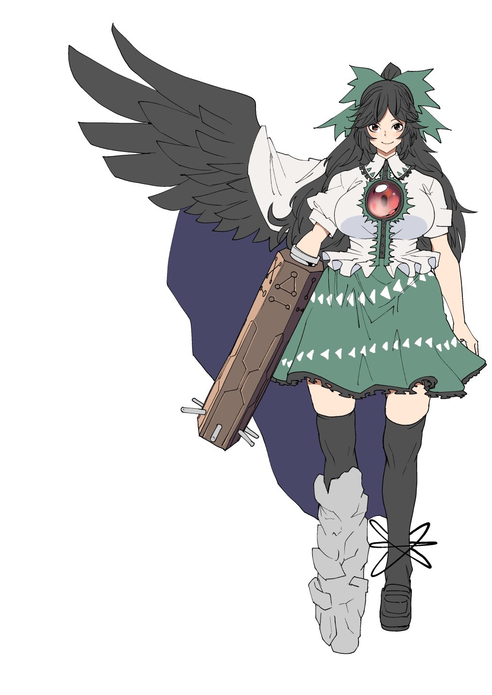 1girl arm_cannon asymmetrical_footwear atom bangs bird_wings black_hair black_thighhighs black_wings blush bow breasts brown_eyes buttons cape closed_mouth collared_shirt commentary_request control_rod frilled_shirt frilled_shirt_collar frilled_skirt frills full_body green_bow green_skirt hair_bow highres konoshita_kiyomasa large_breasts long_hair looking_at_viewer mismatched_footwear puffy_short_sleeves puffy_sleeves reiuji_utsuho shirt shoes short_sleeves simple_background single_shoe single_wing skirt smile solo thigh-highs third_eye touhou weapon white_background white_cape white_shirt wings