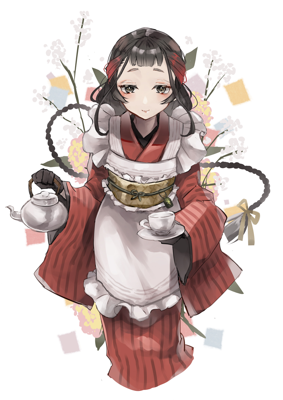 1girl alternate_costume apron black_eyes black_gloves black_hair braid brown_hair commentary_request cup feet_out_of_frame frilled_apron frills gloves gradient_hair hatomaru_(hatomaru56) highres japanese_clothes kantai_collection kimono long_hair looking_at_viewer multicolored_hair red_kimono saucer single_braid solo striped striped_kimono teacup teapot waitress white_apron white_background yamashio_maru_(kancolle)
