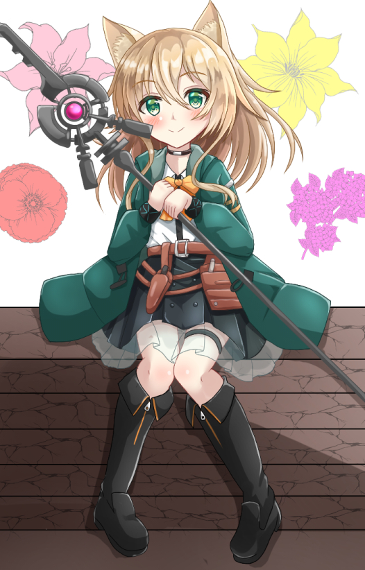 1girl animal_ear_fluff animal_ears arknights bangs black_footwear black_skirt blush boots bow brown_hair closed_mouth commentary_request floral_background flower frilled_skirt frills full_body green_eyes green_jacket hair_between_eyes holding holding_weapon jacket knee_boots long_hair long_sleeves open_clothes open_jacket orange_bow orb pink_flower pleated_skirt podenco_(arknights) puffy_long_sleeves puffy_sleeves purple_flower red_flower see-through shirt sills simple_background skirt smile solo thigh_strap weapon white_background white_shirt yellow_flower