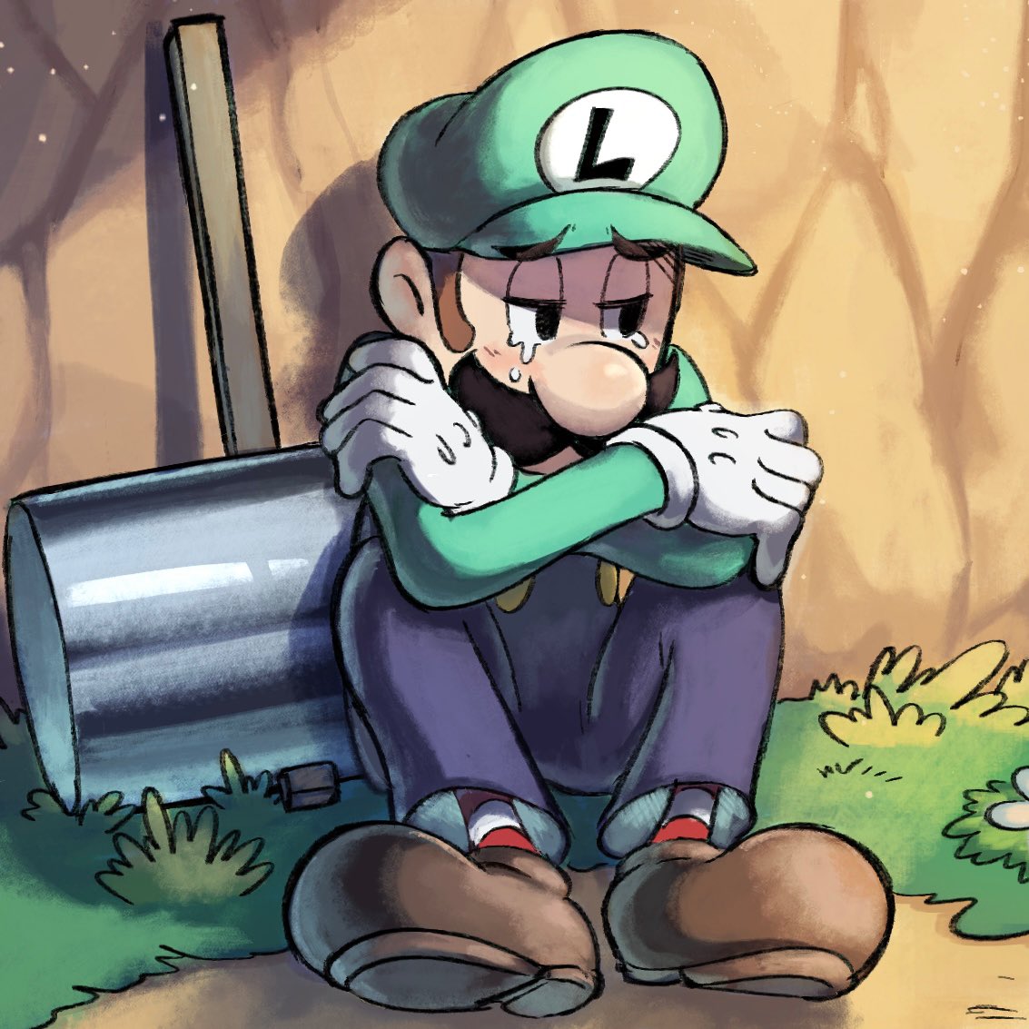 blue_overalls boots brown_footwear brown_hair crossed_arms crying crying_with_eyes_open facial_hair gloves grass green_headwear green_shirt hammer hat luigi mario_&amp;_luigi_rpg mario_&amp;_luigi_rpg_(style) mustache on_ground outdoors overalls shirt sitting socks striped striped_socks super_mario_bros. tears white_gloves ya_mari_6363