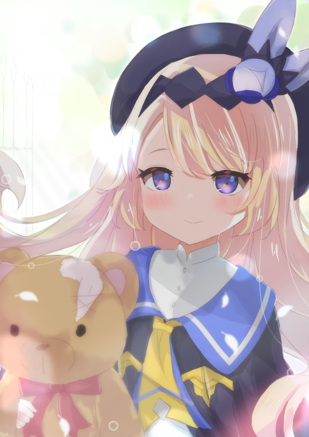 1girl bangs blonde_hair blush dragalia_lost hair_ornament hat highres holding holding_stuffed_toy lathna long_hair looking_at_viewer osakilo smile solo stuffed_animal stuffed_toy teddy_bear torn upper_body violet_eyes