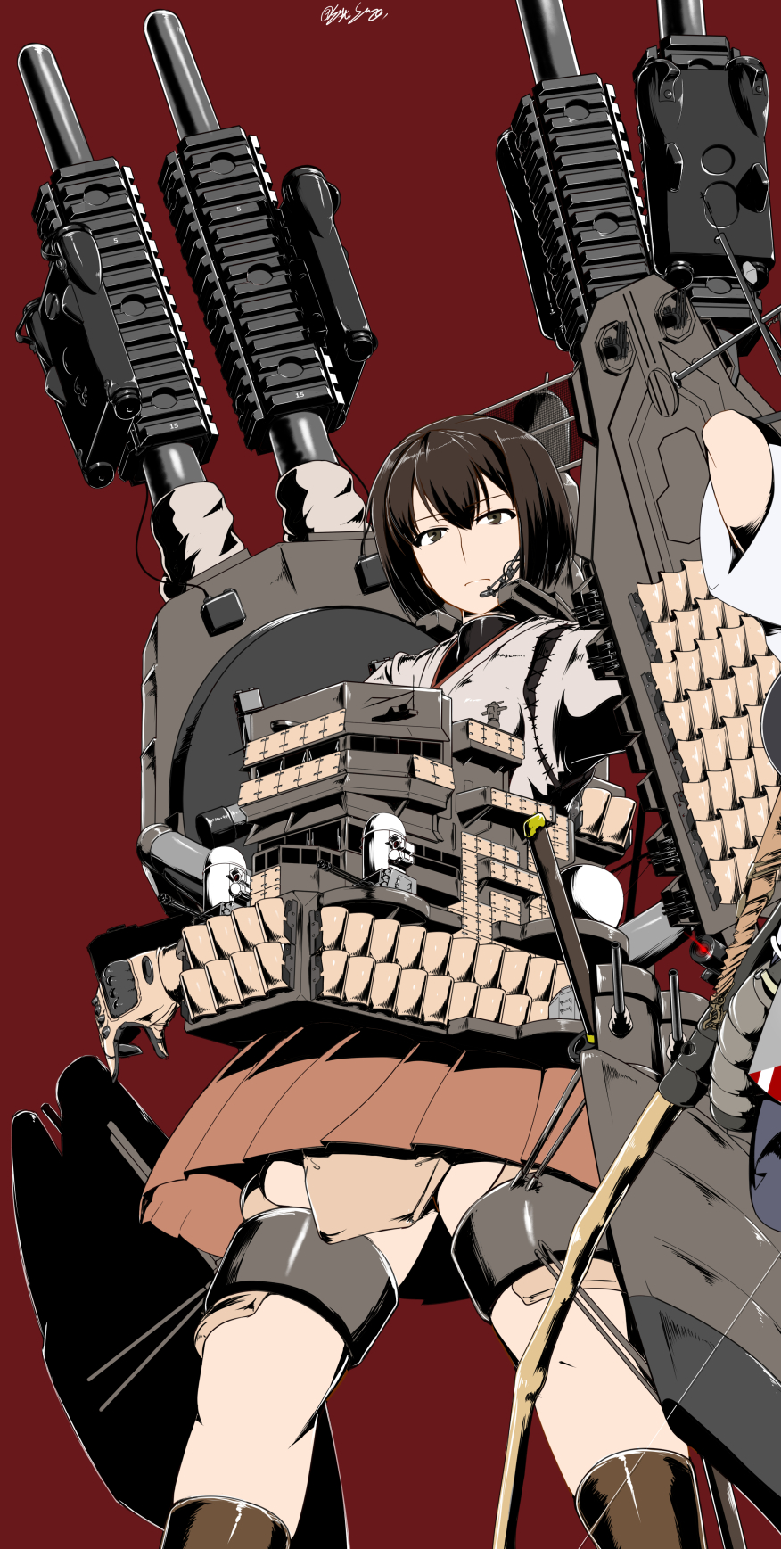 1girl brown_eyes brown_hair brown_hakama commentary_request feet_out_of_frame gun hakama hakama_skirt highres hyuuga_(kancolle) japanese_clothes kantai_collection looking_at_viewer machinery microphone red_background saizu_nitou_gunsou short_hair skirt solo tactical_clothes translation_request undershirt weapon
